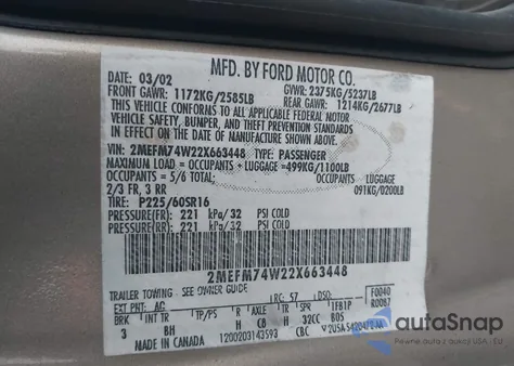 2002 Mercury Grand Marquis Gs из США, поврежденный, VIN 2MEFM74W22X663448